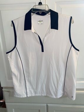 Izod White Sleeveless Golf Polo with Navy Collar and Piping
